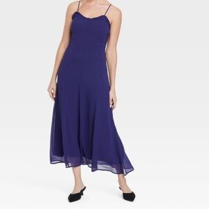 EUC Chiffon Ruffle Navy Maxi Dress